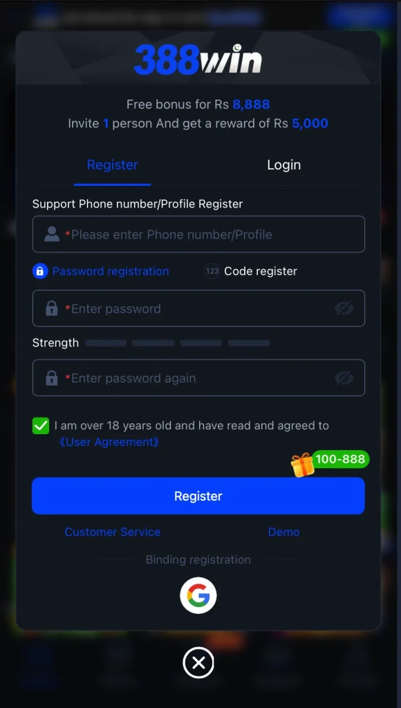 388win game login interface  screenshot 